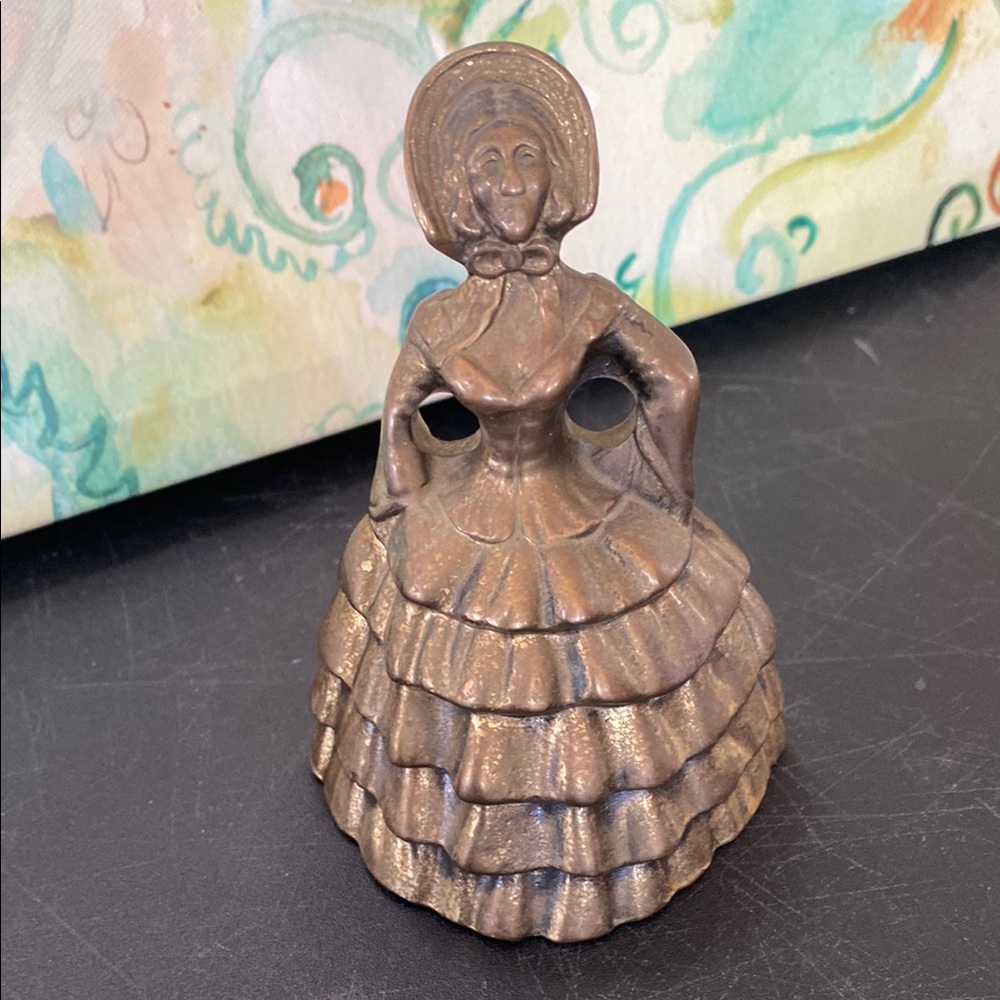 Vintage  Bell Victorian Woman With Bonnet & Ruffle Dress Antique Cast Brass